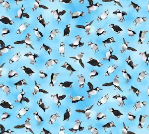 International Textiles - light blue tossed puffins
